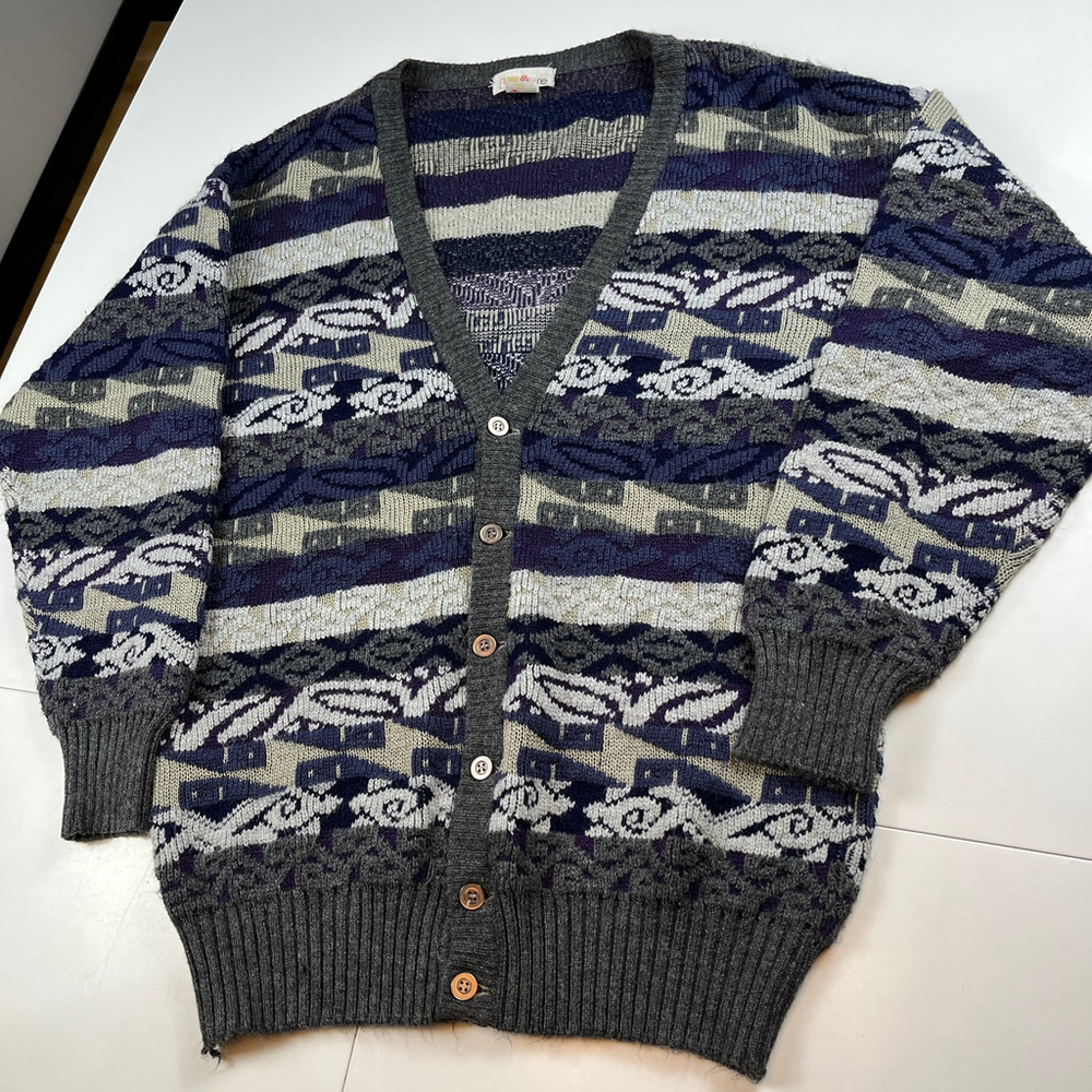 Vintage Lumière cardigan grandpa sweater men size M gray purple - Picture 3 of 11